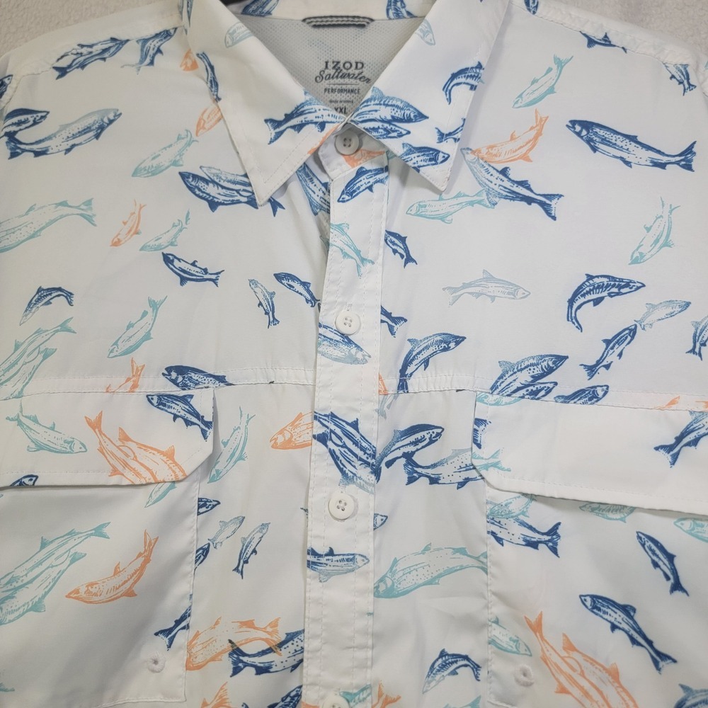 Izod Saltwater Performance Shirt Men Size XXL Short Sleeve‎ Fish Print Stretch
